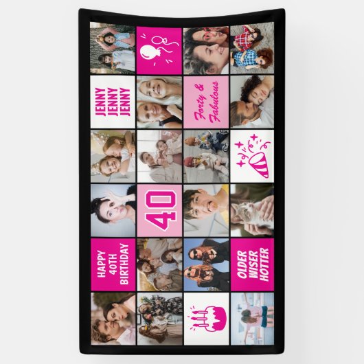 40th Birthday Photo Collage Custom Pink Black Spandoek (Verticaal)