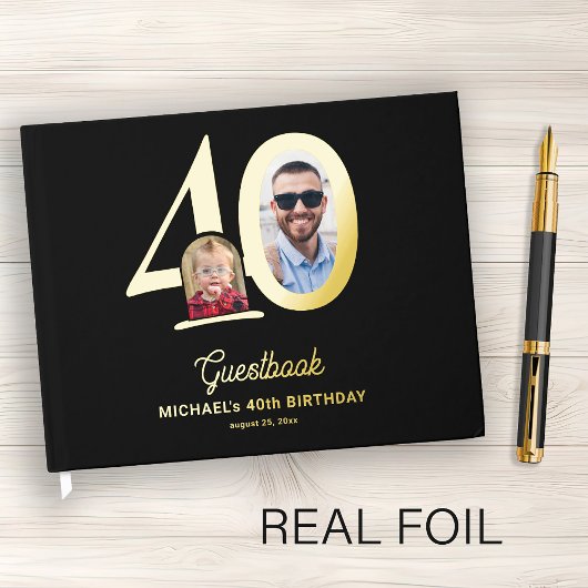 40th Birthday photo name black gold Gastenboek