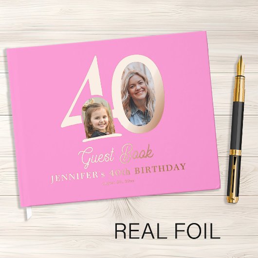 40th Birthday photo name pink rose gold Gastenboek
