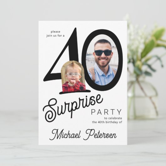 40th birthday photo white black 40 years party kaart (Staand voorkant)