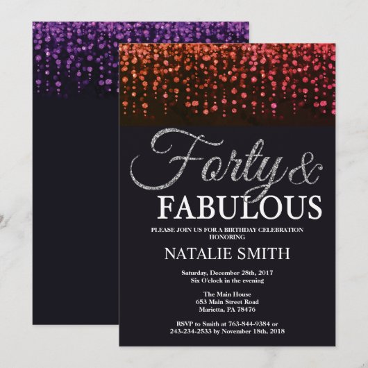 40th Birthday Red en Silver Glitter Kaart (Voorkant / Achterkant)