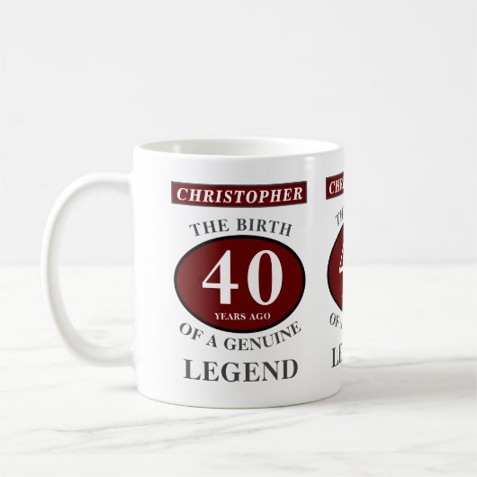 40th Birthday Red Genuine Legend Jouw naam toevoeg Koffiemok (Links)