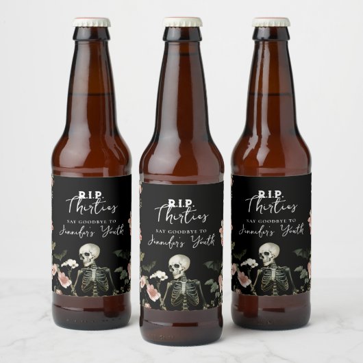40th Birthday RIP Skeleton Pink Floral Party Bier Etiket (Flessen)