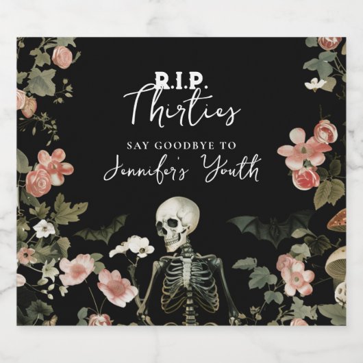 40th Birthday RIP Skeleton Pink Floral Party Bier Etiket (Enkel label)