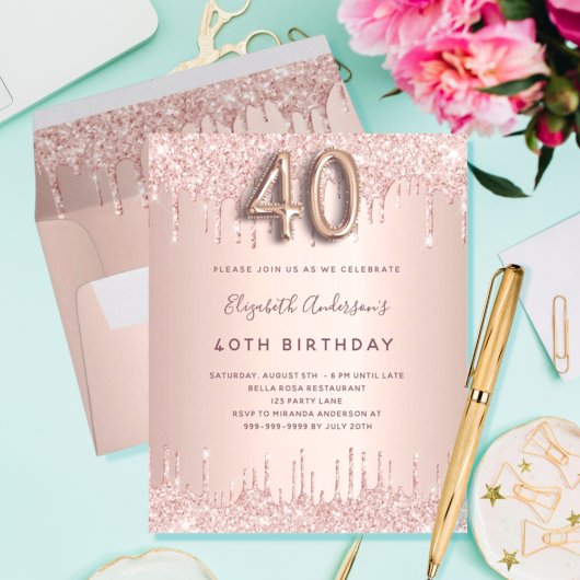 40th Birthday roos gold blush budget uitnodiging Flyer