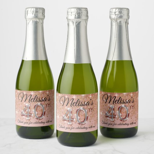 40th Birthday Roos Gold Glitter Cascade Sparkling Wijnetiket (Flessen)