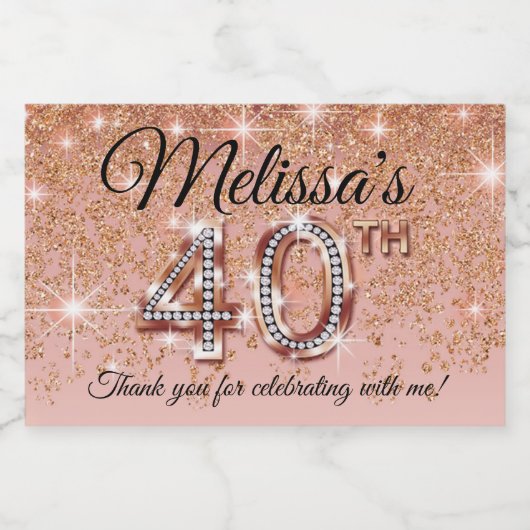 40th Birthday Roos Gold Glitter Cascade Sparkling Wijnetiket (Enkel label)