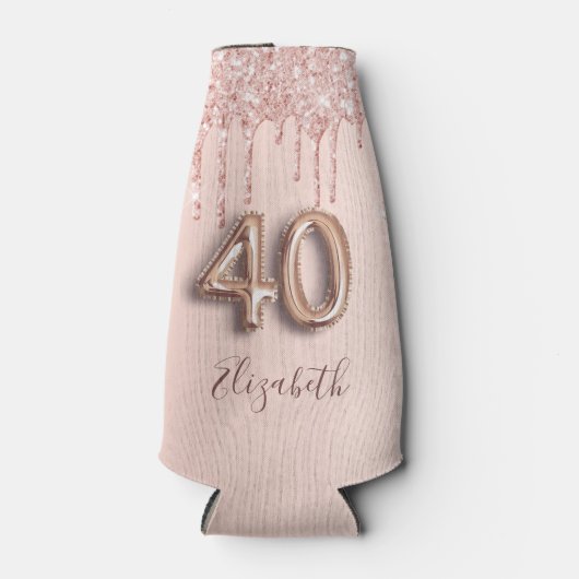 40th Birthday roos Gold Glitter Naam Script Flesjeskoeler (Voorkant)