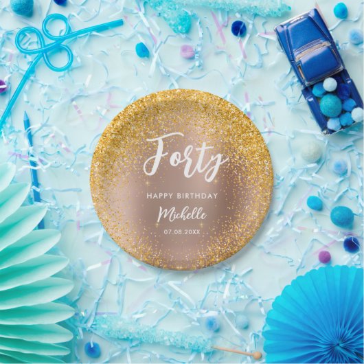 40th Birthday Roos Gold Glitter Sparkle Naam Papieren Bordje (Feest)