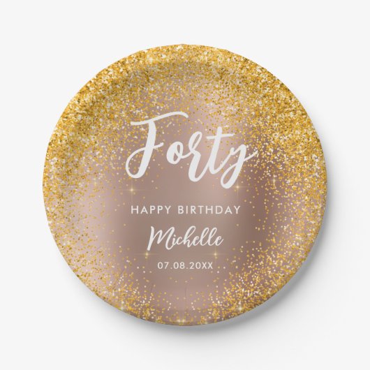 40th Birthday Roos Gold Glitter Sparkle Naam Papieren Bordje (Voorkant)