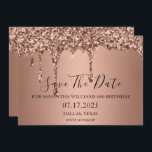 40th Birthday Roos Gold Sparkle Glitter Drips Save The Date<br><div class="desc">40e verjaardagsfeestje,  veertig,  roos goud,  glitterdruppels,  schitterend,  elegant,  modern,  script,  bewaar de datumuitnodigingen. Personaliseer het met uw gegevens.</div>