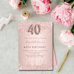 40th Birthday roos gouddruppels blozen Kaart<br><div class="desc">Een moderne,  stijlvolle en glamoureuze uitnodiging voor een 40ste verjaardagsfeestje. Een rozen gouden achtergrond met dripa,  lak druppellook. De naam is geschreven met een modern donker roos goudkleurig handschrift. Personaliseer en voeg uw feestdetails toe. Nummer 40 is geschreven met een ballonstijl lettertype,  script.</div>