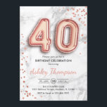 40th Birthday - Roos gouden ballonnen marmeren eff Kaart<br><div class="desc">Uitnodiging voor het 40e verjaardagsfeest. Elegant ontwerp in faux glitter roos goud met grijs marmer effect. De uitnodigingskaart heeft een gouden nummer van 40 ballonnen,  confetti en scriptlettertype. Perfect voor een stijlvolle dagviering. Stuur me een bericht als je aangepaste leeftijd nodig hebt.</div>