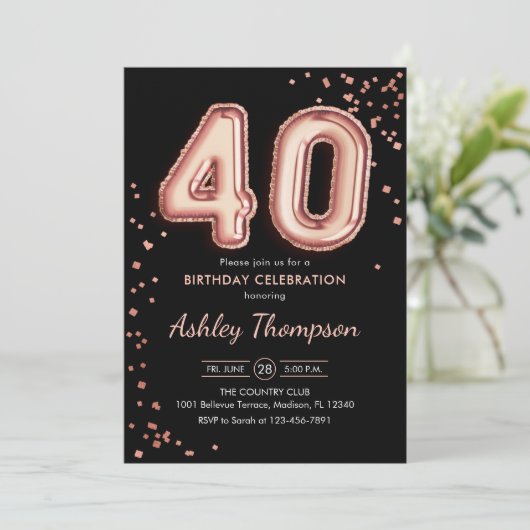 40th Birthday - Roos gouden ballonnen zwart Kaart (Staand voorkant)