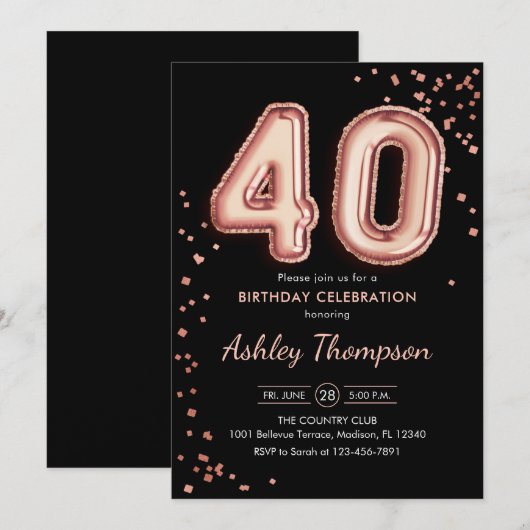 40th Birthday - Roos gouden ballonnen zwart Kaart (Voorkant / Achterkant)