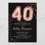 40th Birthday - Roos gouden ballonnen zwart Kaart<br><div class="desc">Uitnodiging voor het 40e verjaardagsfeest. Elegant design in faux glitter roos goud en zwart. Nove card functies roos gouden nummer 40 ballonnen en script lettertype. Perfect voor een stijlvolle dagviering. Stuur me een bericht als je aangepaste leeftijd nodig hebt.</div>