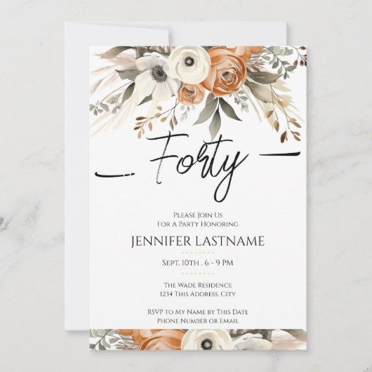 40th Birthday Rustic Floral Fall  Kaart (Voorkant)