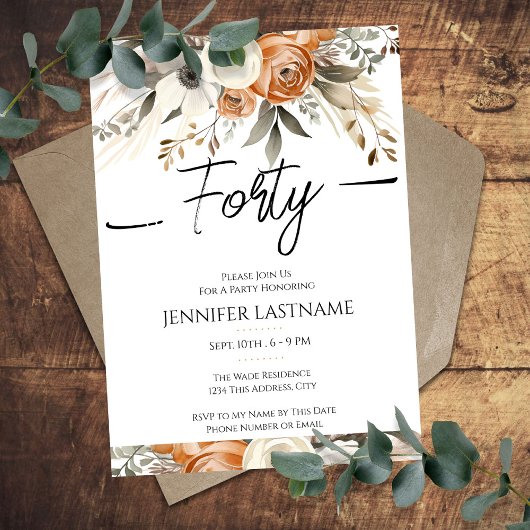 40th Birthday Rustic Floral Fall  Kaart