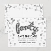 40th Birthday Save the Date Silver Balloon Glitter Aankondigingskaart (Voorkant / Achterkant)