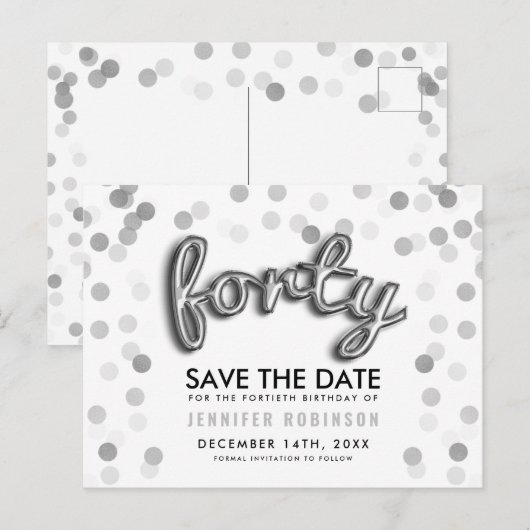 40th Birthday Save the Date Silver Balloon Glitter Aankondigingskaart (Voorkant / Achterkant)