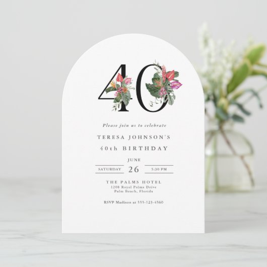 40th Birthday Simple Elegant Tropical Invitation Kaart (Staand voorkant)