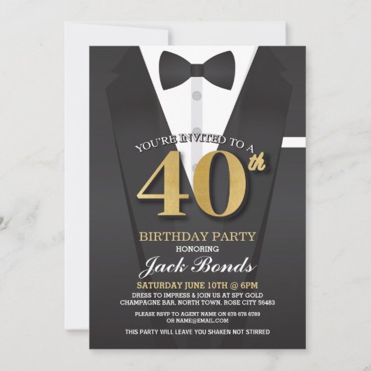 40th Birthday Spy Suit Black stropdas Gold Invitat Kaart (Voorkant)
