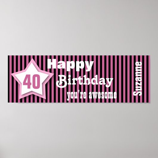 40th Birthday Star Banner Custom Name V07 PINK Poster (Voorkant)