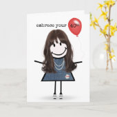 40th Birthday Stick Figuur Girl met rode ballon Kaart (Gele Bloem)