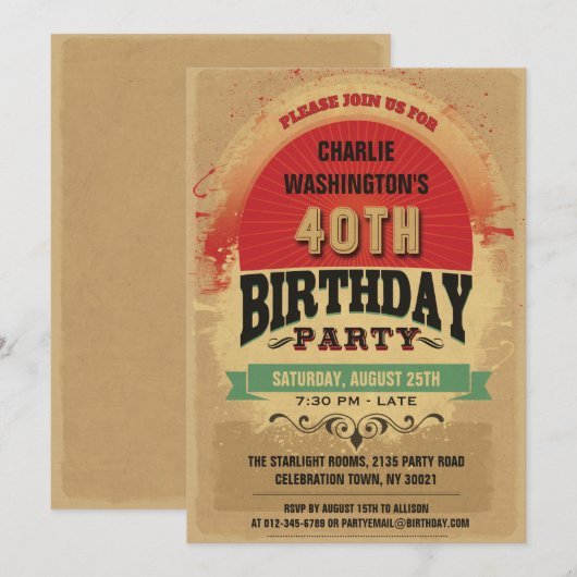 40th Birthday  Typography Grunge Kaart (Voorkant / Achterkant)