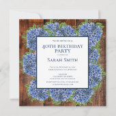 40th Birthday Wood Blue Hydrangeas Rustic Party Kaart (Voorkant)