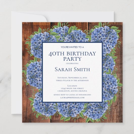 40th Birthday Wood Blue Hydrangeas Rustic Party Kaart (Voorkant)