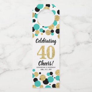 40th Birthday Zwart Blauwgroen Goud Glitter Confet Flessenhanger
