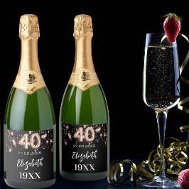 40th Birthday zwart roos gouden sterren Sparkling Wijnetiket