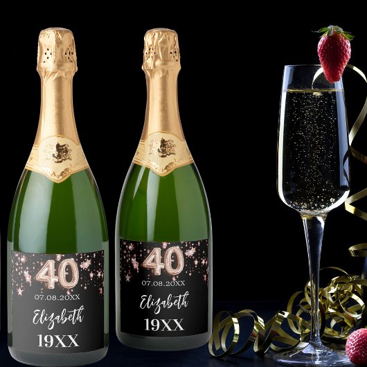 40th Birthday zwart roos gouden sterren Sparkling Wijnetiket
