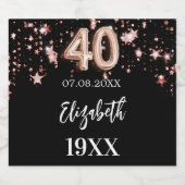 40th Birthday zwart roos gouden sterren Sparkling Wijnetiket (Enkel label)