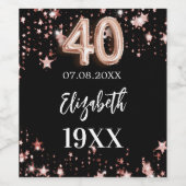 40th Birthday zwart roos gouden sterren Wijn Etiket (Enkel label)