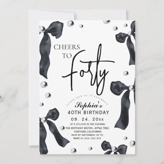 40th Black White Bow Birthday Party Kaart (Voorkant)