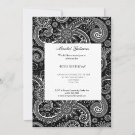 40th Black White Paisley Birthday Invitation Kaart