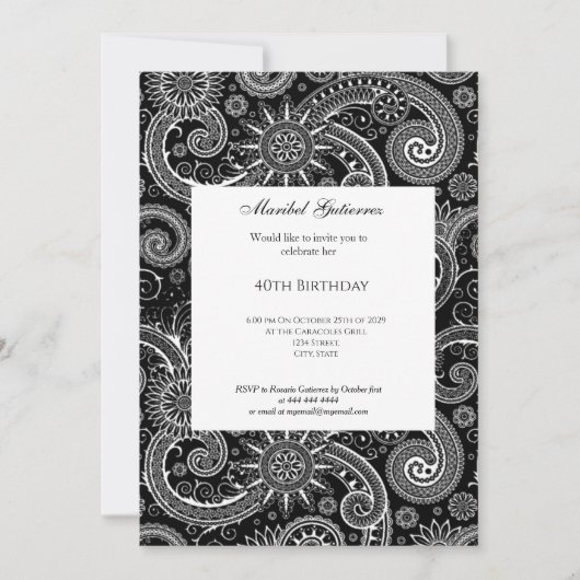 40th Black White Paisley Birthday Invitation Kaart (Voorkant)