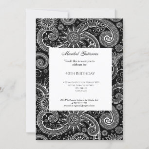 40th Black White Paisley Birthday Invitation Kaart