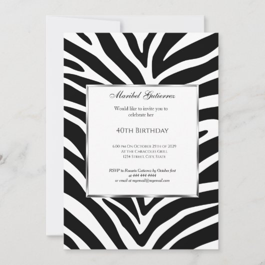 40th Black White Zebra Birthday Invitation Kaart (Voorkant)
