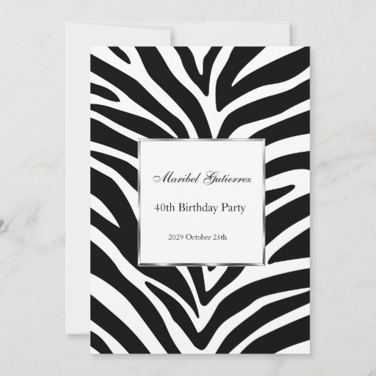 40th Black White Zebra Birthday Invitation Kaart (Achterkant)