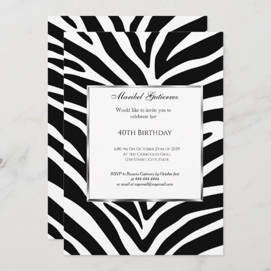 40th Black White Zebra Birthday Invitation Kaart (Voorkant / Achterkant)
