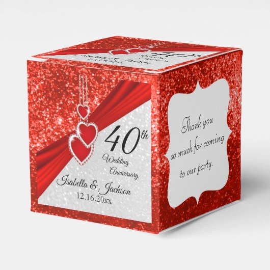 40th Bright Red en Glitter Jubileum Favor Box Bedankdoosjes (Voorkant Zijde)