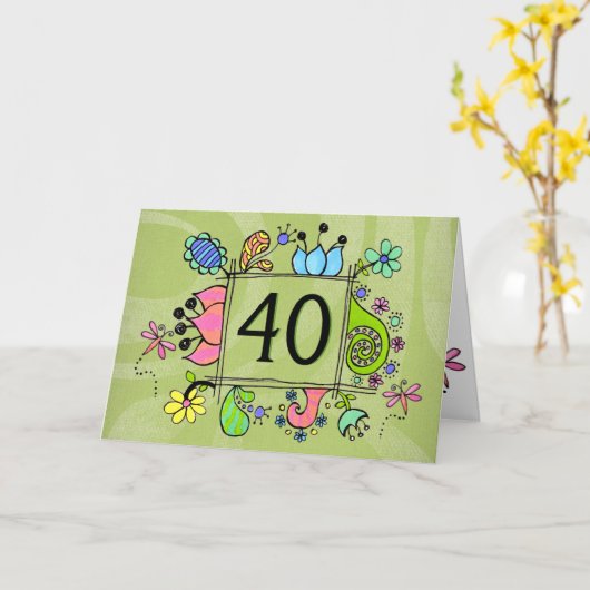 40th Folk Art Lijst Number Leeftijd Birthday Kaart (Gele Bloem)
