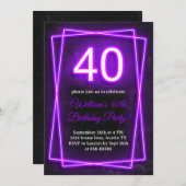 40th Neon Lights Retro Zwart Veertig Verjaardag Kaart (Voorkant / Achterkant)