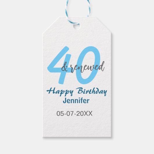 40th & renewed birthday name date blue bold number cadeaulabel (Voorkant)