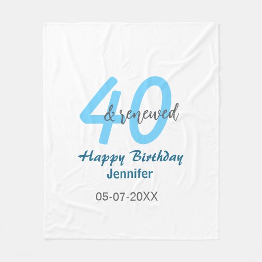 40th & renewed birthday name date blue bold number fleece deken (Voorkant)