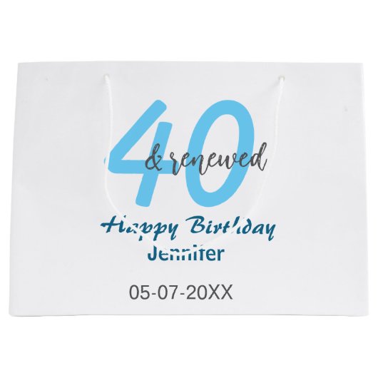 40th & renewed birthday name date blue bold number groot cadeauzakje (Voorkant)