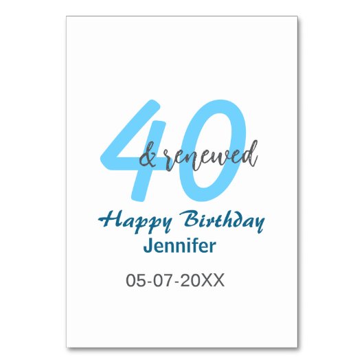 40th & renewed birthday name date blue bold number kaart (Voorkant)